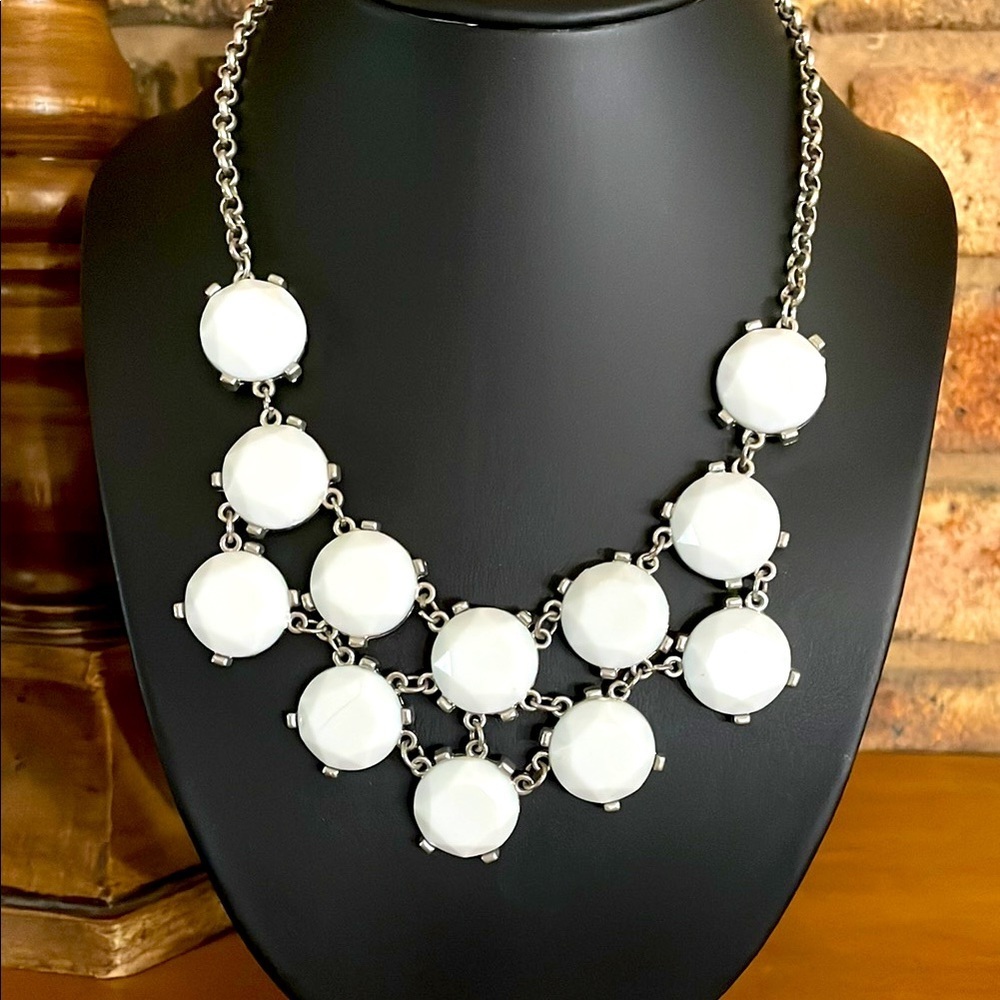 Vintage White Cabochon and Silvertone Bib Statement Necklace